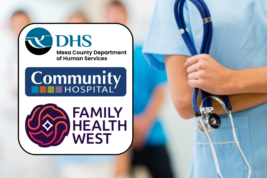 Doctor standing by logos of MCDHS, Family Health West & Community Hospital