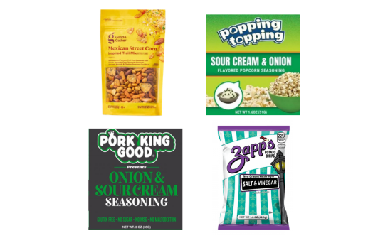 Good and Gather trail mix, sour cream and onion seasoning, and Zapp's potato chips