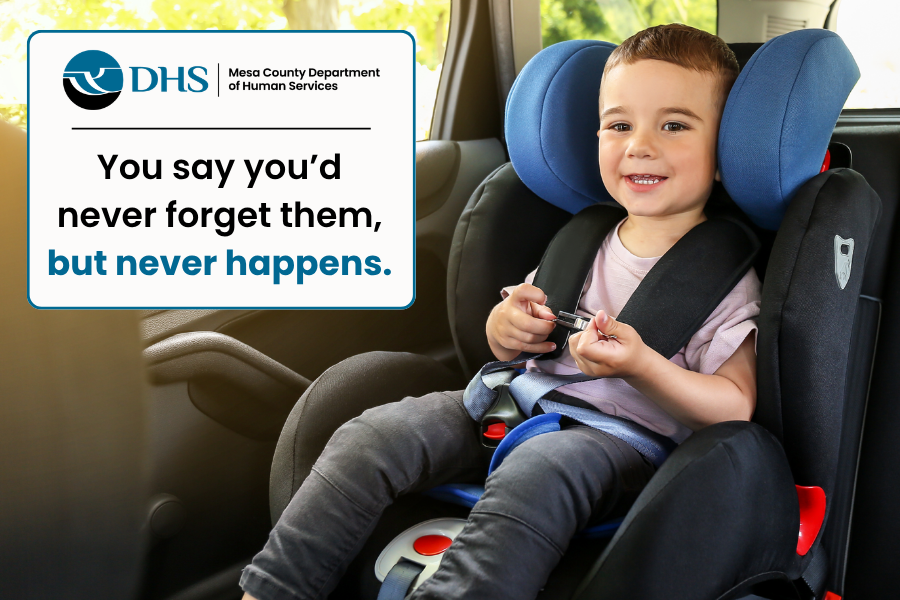 Child in car seat with caption, "You say you'd never forget, but never happens."