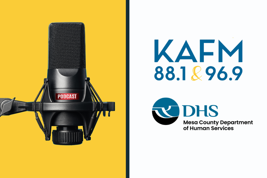 KAFM & MCDHS logos with podcasting microphone