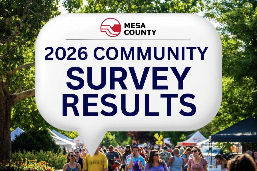 Photo of people walking on Main Street in Grand Junction with a large white text bubble over it that says “2026 community survey results” under the Mesa County logo.