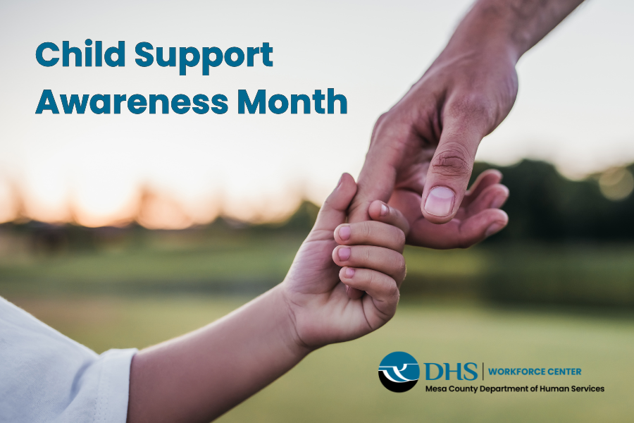 Father and child holding hands with WFC logo and Child Support Awareness Month title at the top.
